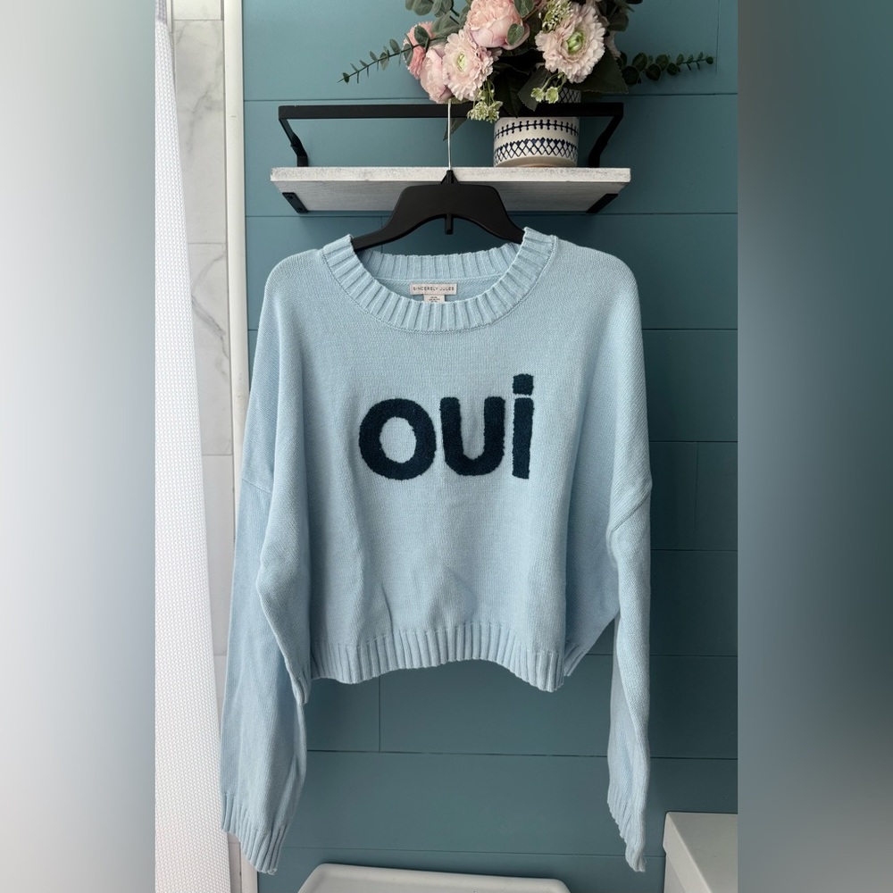 Sincerely Jules “Oui” Sweater Blue Graphic Knit Cropped Pullover - Size XL
